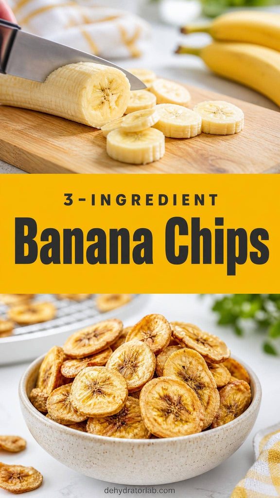 Dehydrated banana chip coins on a wire rack next to fresh bananas