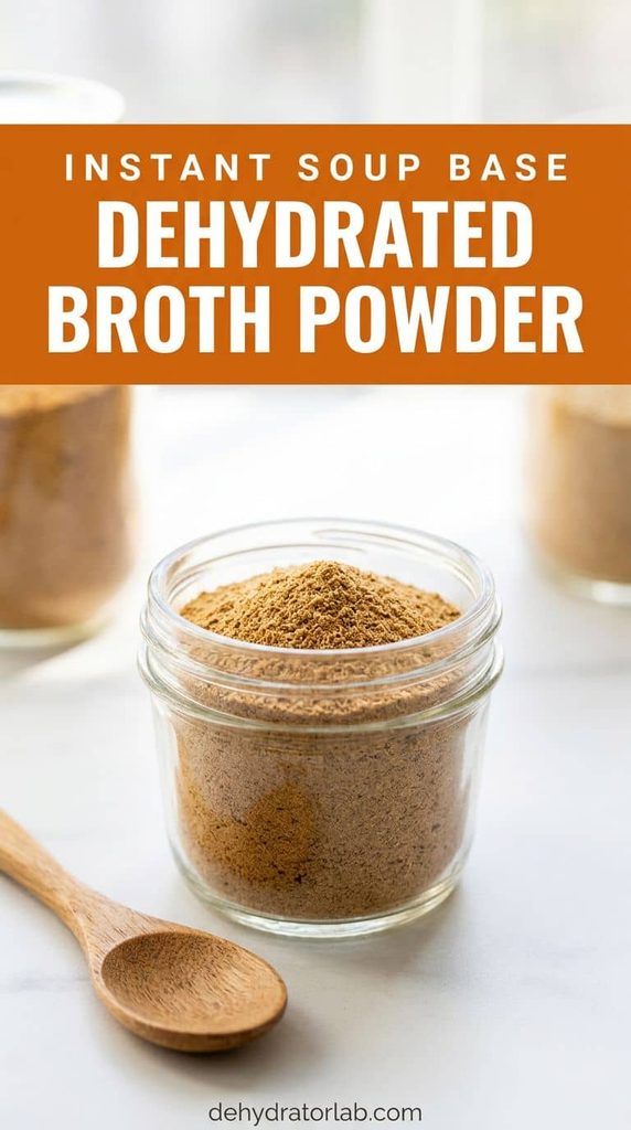 A jar of homemade dehydrated broth powder on a pantry shelf
