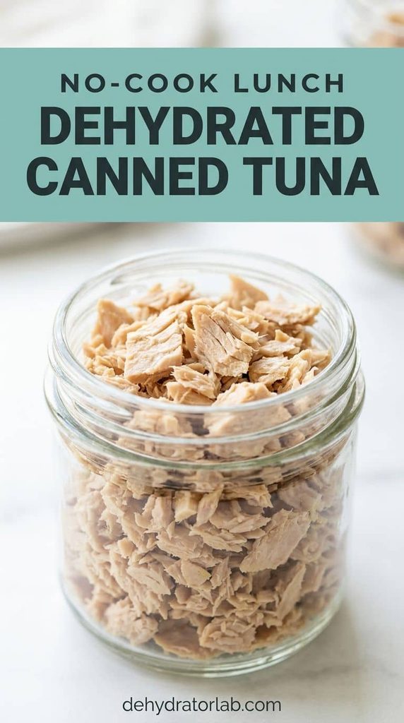 A jar of dehydrated flaked tuna on a pantry shelf