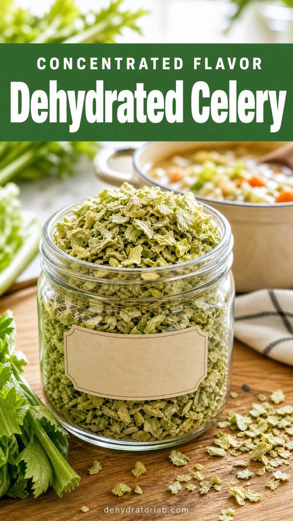 Dehydrated celery flakes in a glass jar for homemade soup
