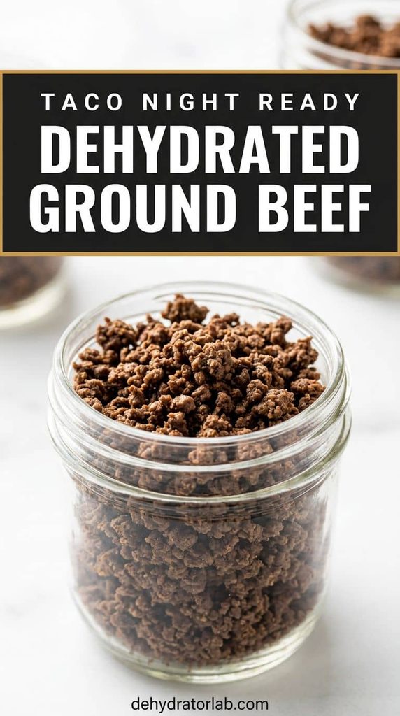 A jar of dehydrated cooked ground beef crumbles on a pantry shelf