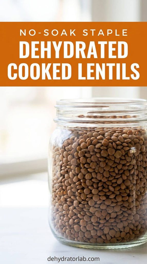 A jar of dehydrated cooked brown lentils on a pantry shelf