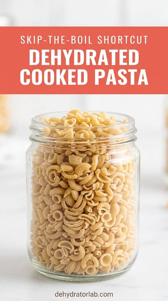A jar of dehydrated cooked small pasta shapes on a pantry shelf