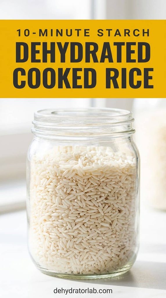 A jar of dehydrated cooked white rice on a pantry shelf
