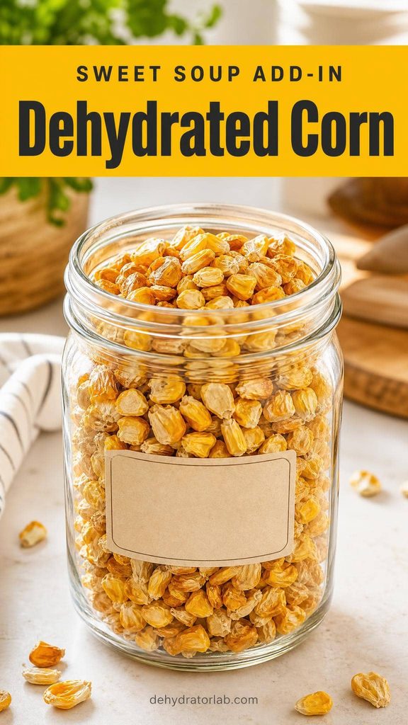 Dehydrated corn kernels in a glass jar for homemade soup