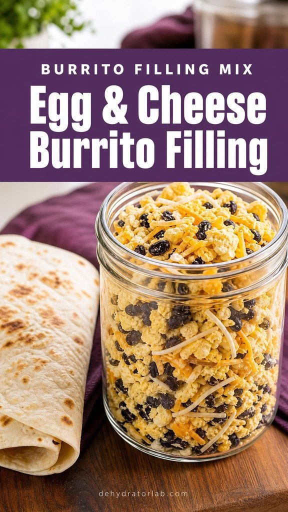 Dehydrated egg, cheese, and black bean burrito filling mix in a jar next to a folded tortilla