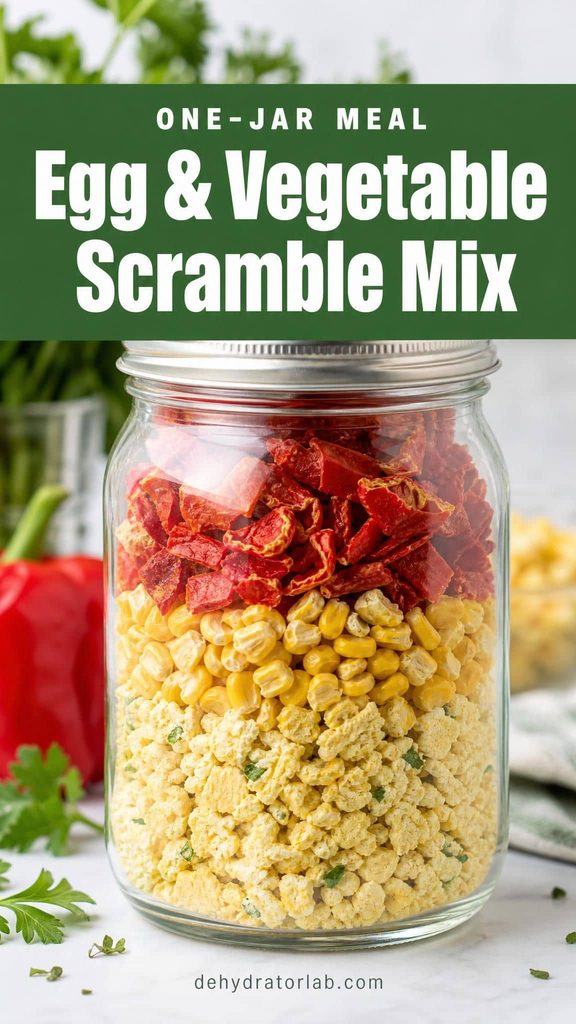 Layered dehydrated egg, corn, and bell pepper scramble mix in a mason jar