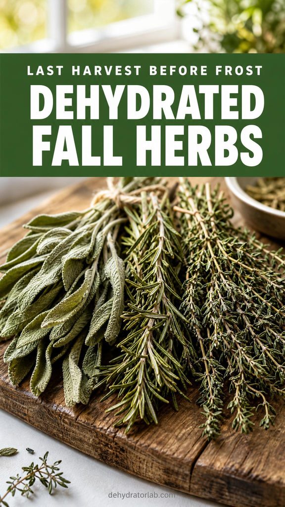 Dried sage, rosemary, and thyme sprigs bundled on a wooden board