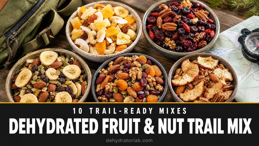 Small bowls of colorful trail mix with dried mango, cranberries, cherries, and nuts, next to a hiking backpack and trail map
