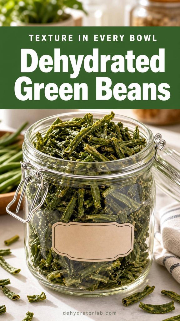 Dehydrated green bean pieces in a glass jar for homemade soup