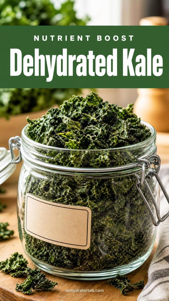 Dehydrated crumbled kale in a glass jar for homemade soup