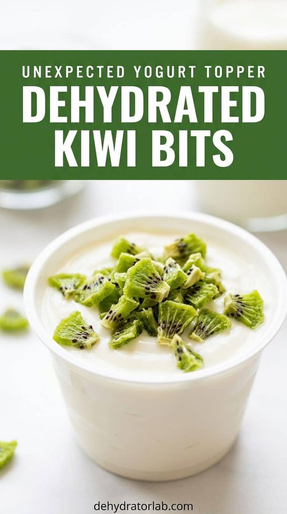 Chopped dried kiwi bits sprinkled over a cup of yogurt