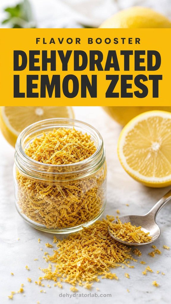 A small jar of golden dehydrated lemon zest with a spoon resting beside it
