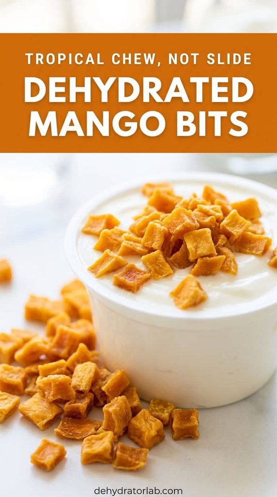 Diced dried mango bits scattered over a cup of yogurt