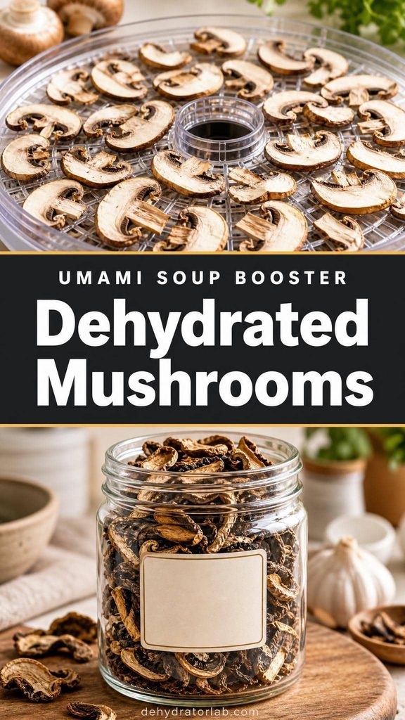 Dehydrated mushroom slices in a glass jar for homemade soup