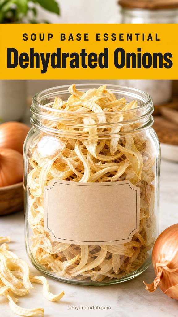 Dehydrated onion slices in a glass jar for homemade soup
