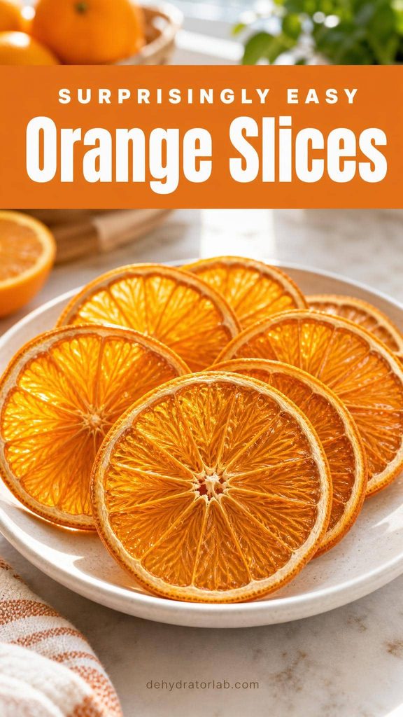 Translucent dehydrated orange slice wheels stacked on a plate