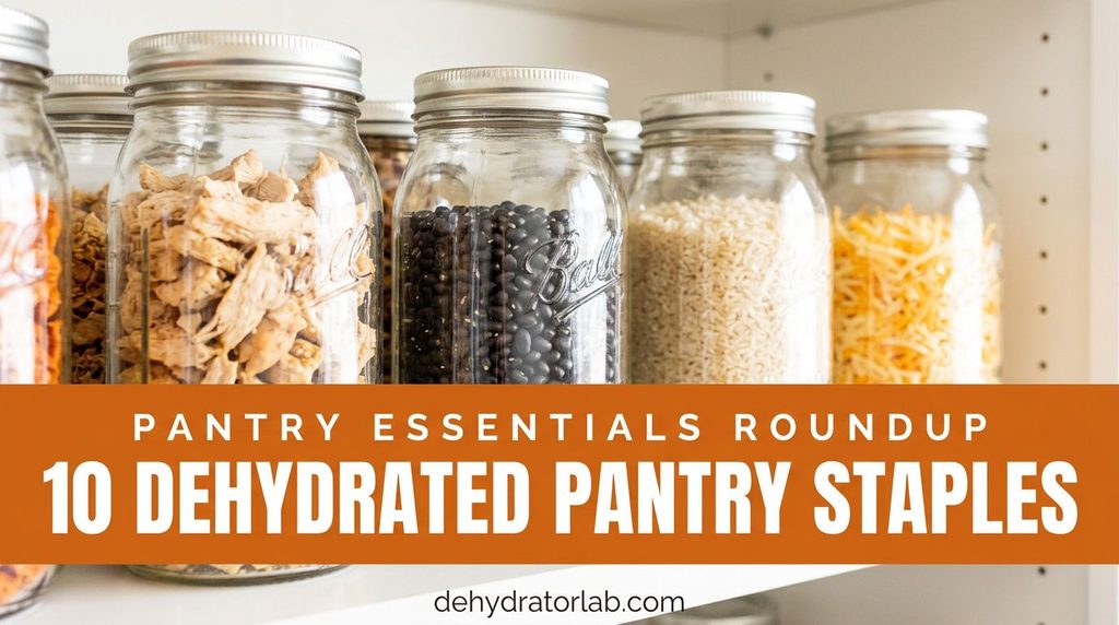 Glass jars of dehydrated cooked chicken, black beans, rice, and shredded cheese lined up on a pantry shelf