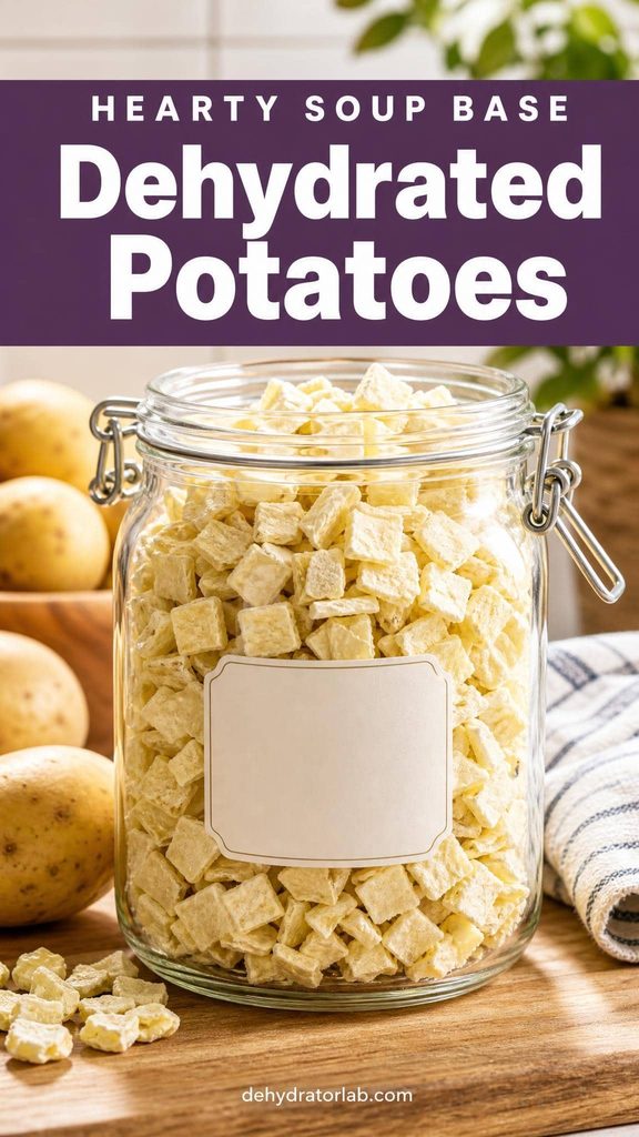 Dehydrated potato cubes in a glass jar for homemade soup