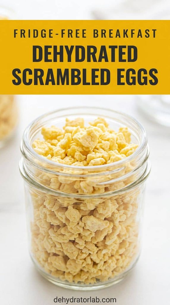 A jar of dehydrated scrambled egg crumbles on a pantry shelf