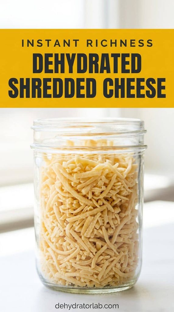 A jar of dehydrated shredded cheese on a pantry shelf
