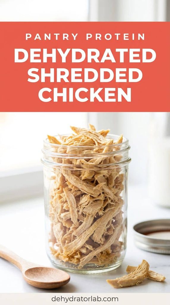 A jar of dehydrated shredded chicken on a pantry shelf
