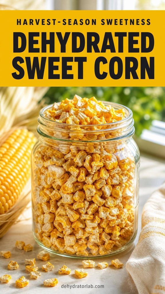 A jar of dehydrated sweet corn kernels on a table