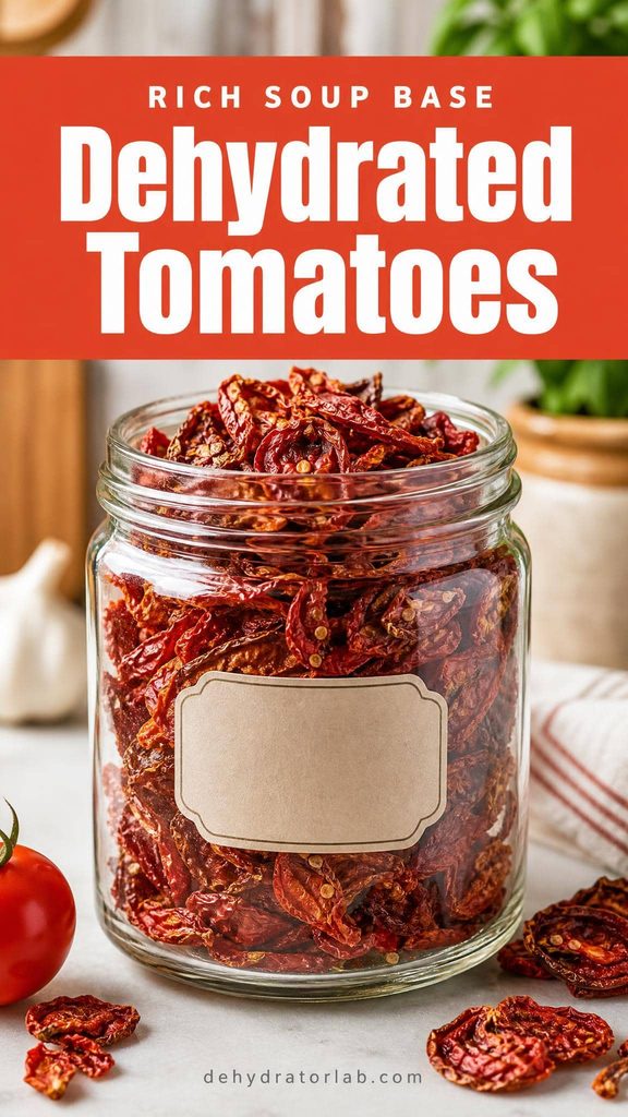 Dehydrated tomato flakes in a glass jar for homemade soup