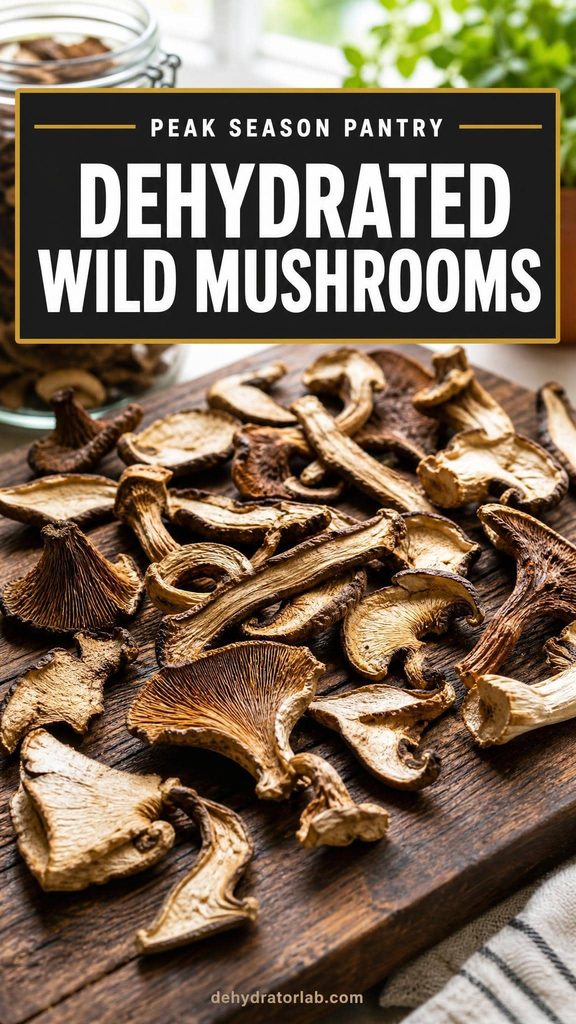 Dried wild mushroom slices on a wooden board