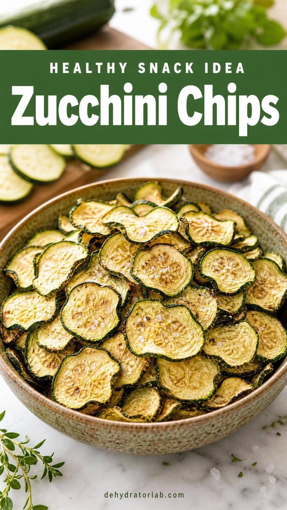 Crispy dehydrated zucchini chip rounds in a bowl