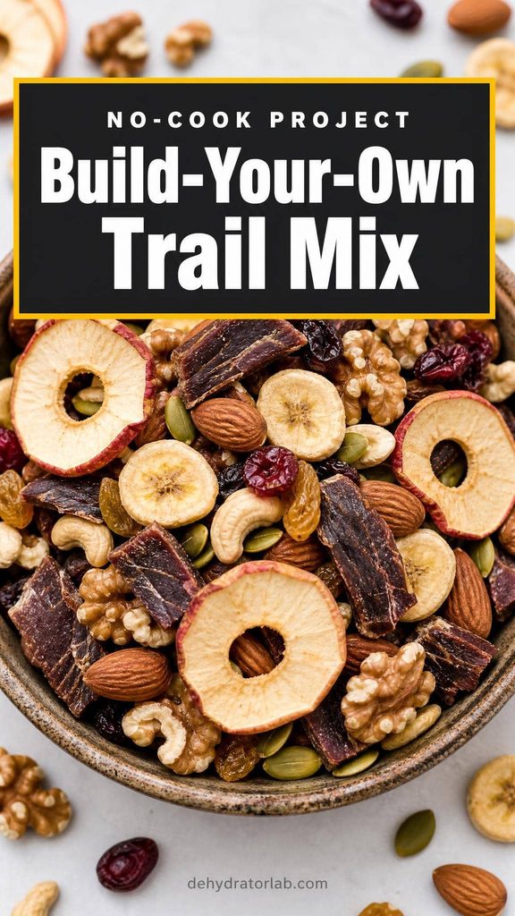 Homemade trail mix with dried apple chips, banana chips, nuts, and jerky pieces in a bowl