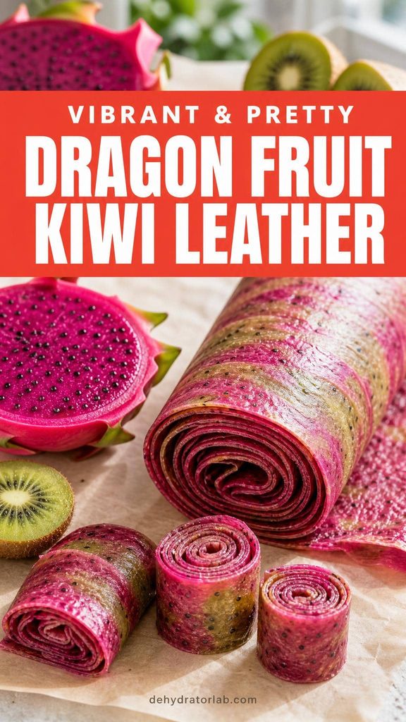 A marbled pink and green dragon fruit kiwi fruit leather rolled and sliced on parchment