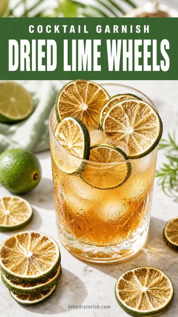 Dried lime wheels rimmed around a glass of iced tea with condensation on the glass