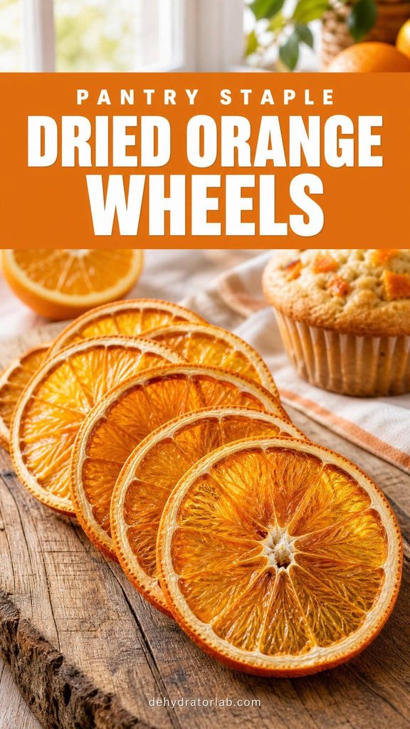 Dried orange wheels fanned out on a wood surface next to a muffin studded with orange pieces