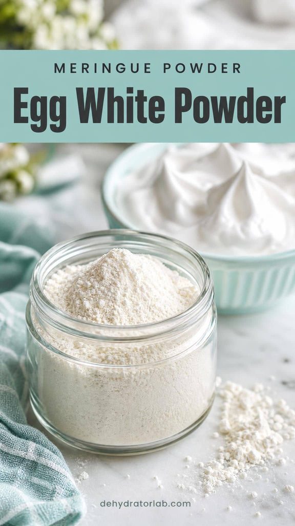 Fine white egg white powder in a jar next to a bowl of whipped meringue