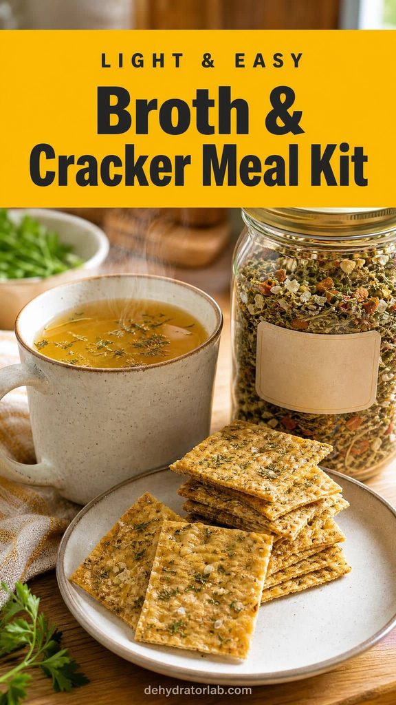 A mug of dehydrated vegetable broth with homemade crackers for an emergency meal kit