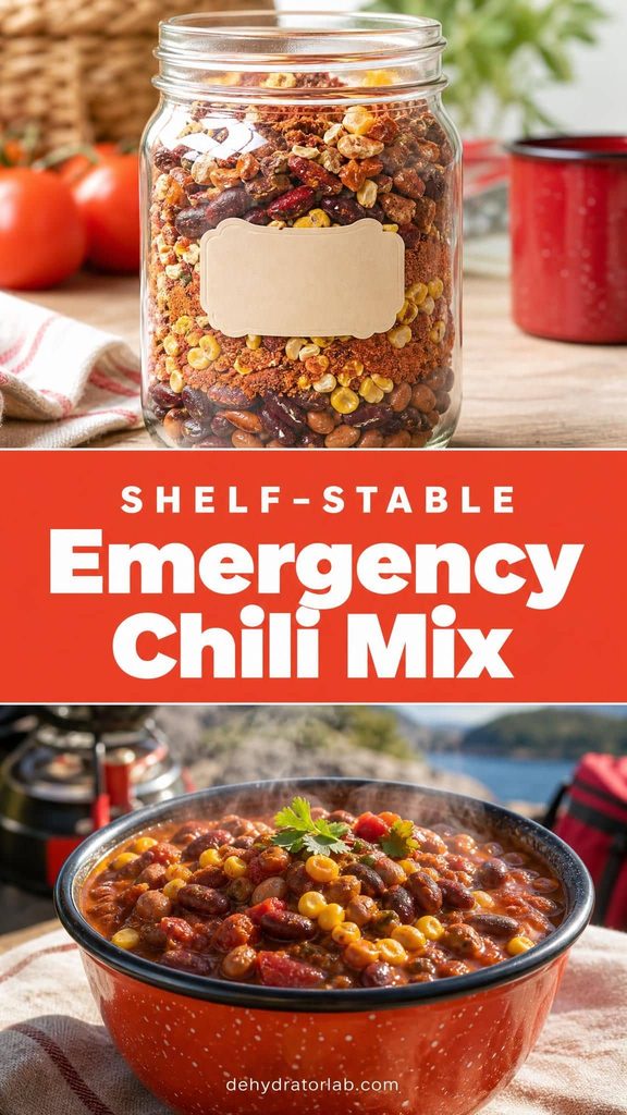 A jar of dehydrated emergency chili mix with tomato powder and seasoning