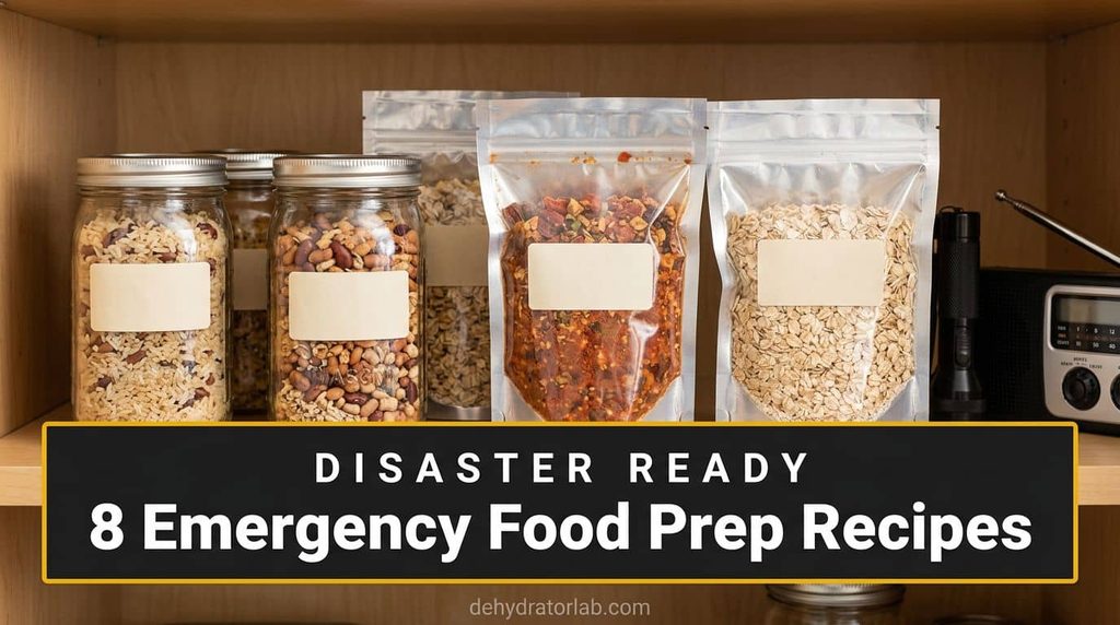 Eight jars of dehydrated emergency food prep meals lined up on a shelf