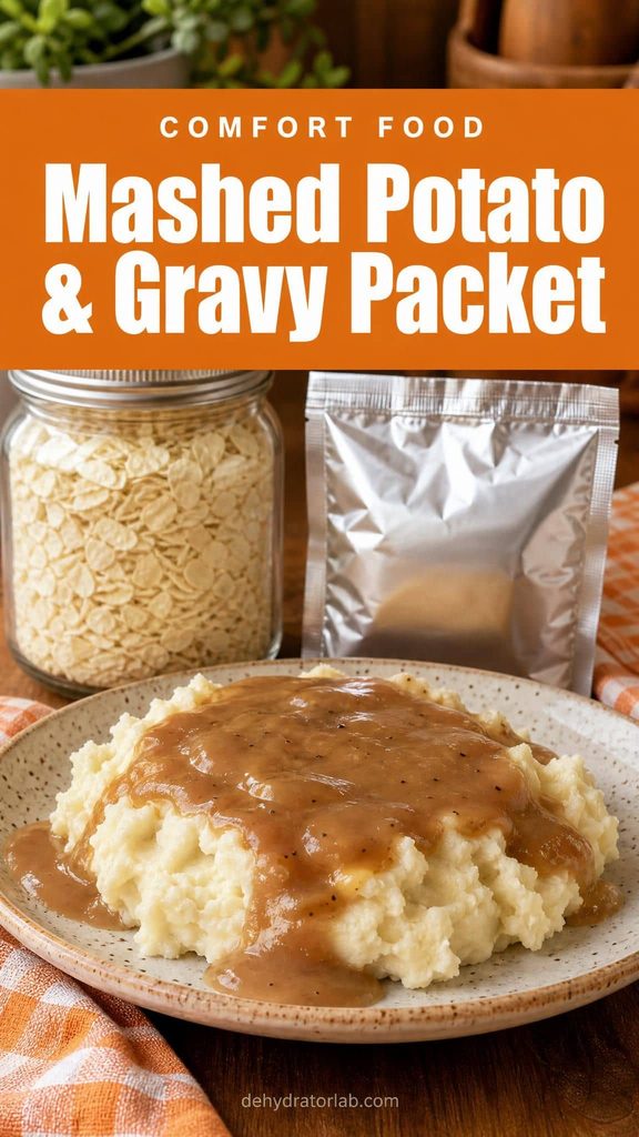 A plate of emergency mashed potatoes with gravy made from dehydrated flakes and powder