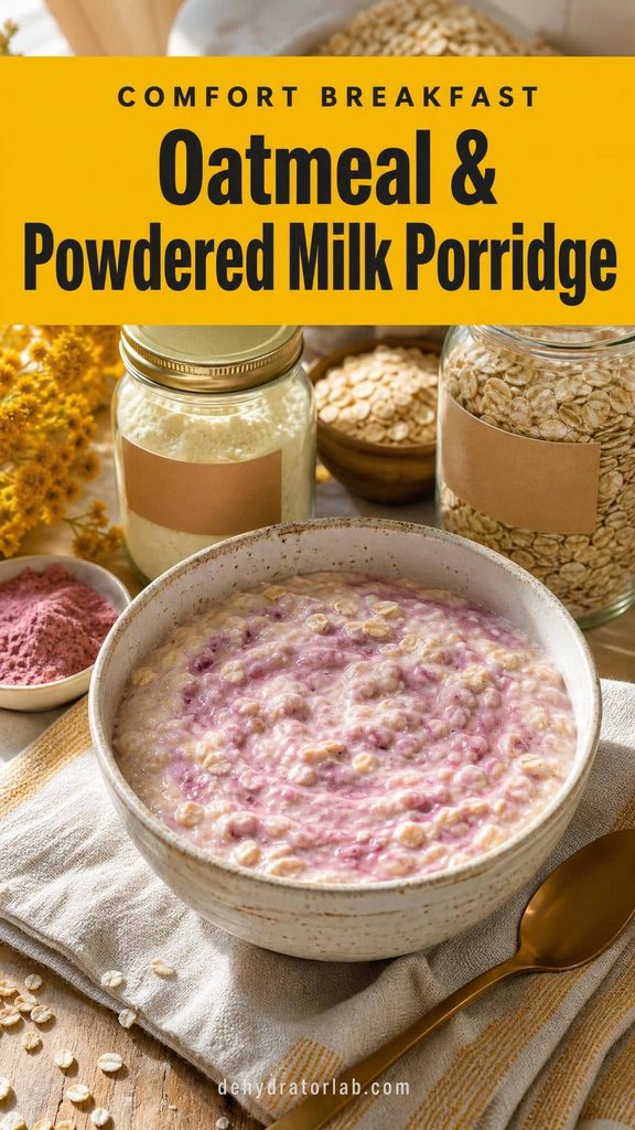A bowl of emergency oatmeal porridge made with powdered milk and dehydrated fruit powder