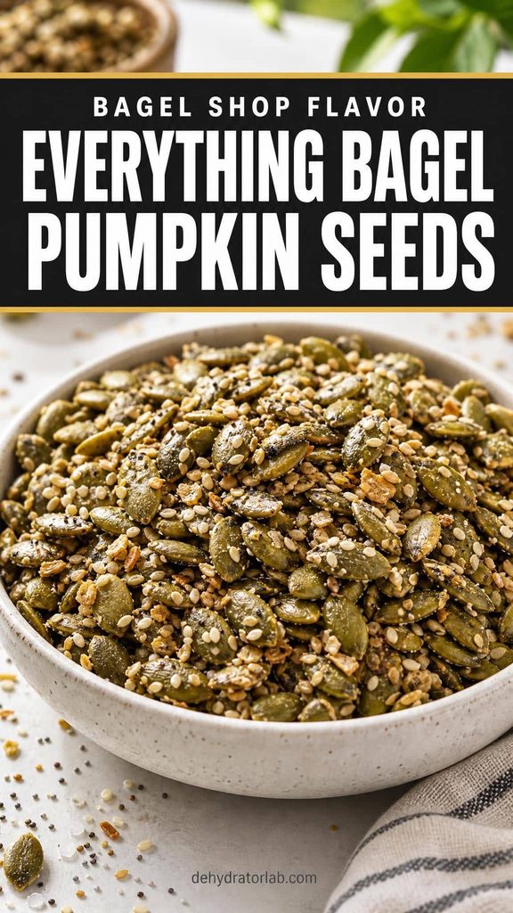 A bowl of dehydrated everything bagel pumpkin seeds covered in sesame and poppy seeds