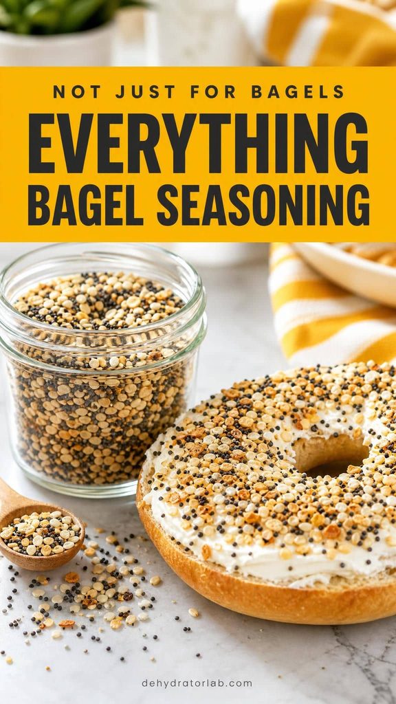 A jar of everything bagel seasoning with visible sesame and poppy seeds, sprinkled over a sliced bagel with cream cheese