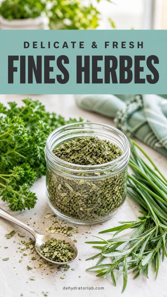 A small jar of pale green fines herbes blend next to fresh parsley, chives, and tarragon