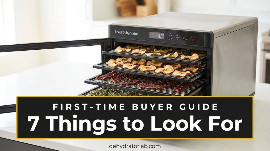 A food dehydrator on a kitchen counter with trays pulled out, showing dried fruit and jerky