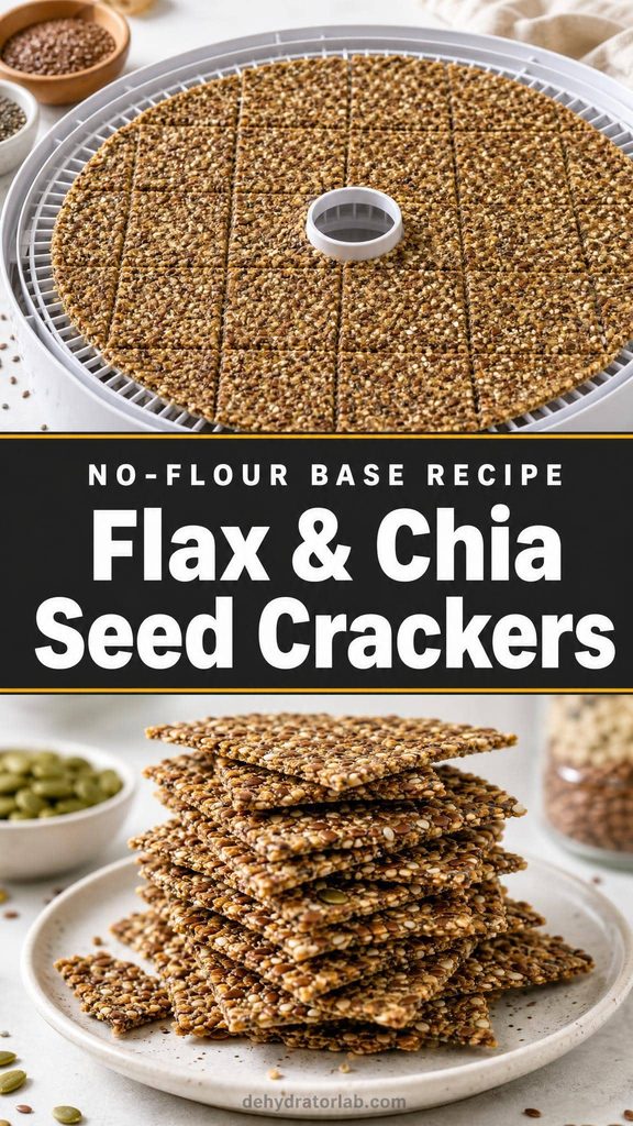 Homemade flax and chia seed dehydrated crackers stacked on a plate
