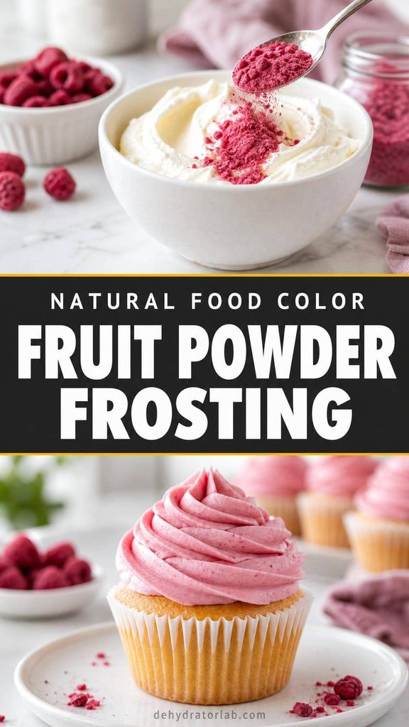 A bowl of pink frosting being tinted with raspberry powder, small jars of colorful fruit powders nearby