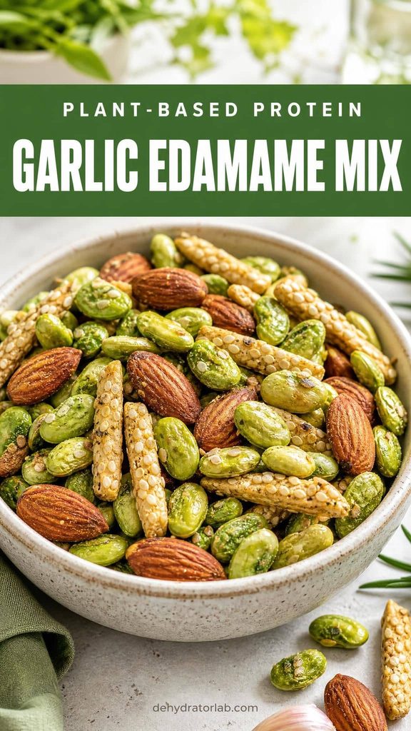 A bowl of trail mix with garlic edamame, sesame sticks, and almonds