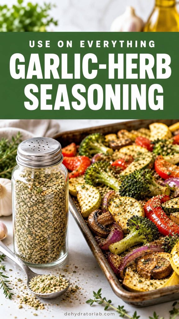 a shaker jar of garlic-herb seasoning next to a plate of roasted vegetables