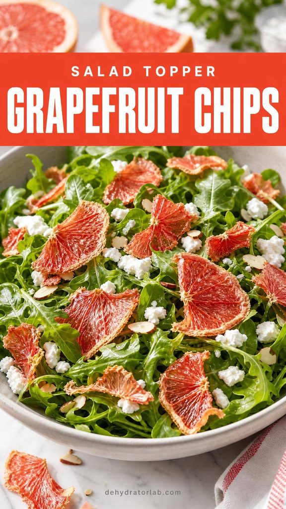 Crisp pink grapefruit chips scattered over a green salad in a wide bowl