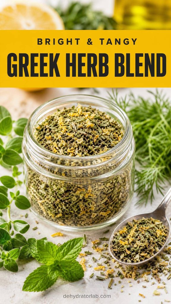 A small jar of Greek herb blend with lemon zest next to fresh oregano, mint, and dill